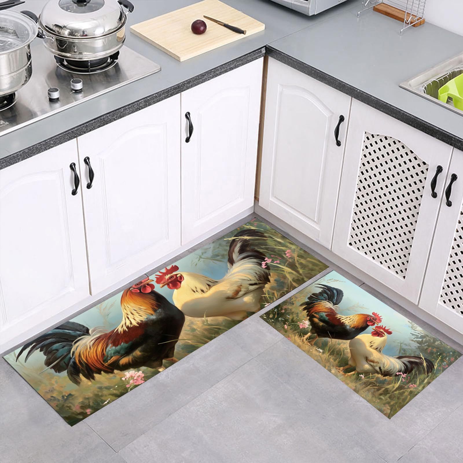 Alfombras de cocina de 40x60 y 40x120 cm con base antideslizante y diseño de gallo