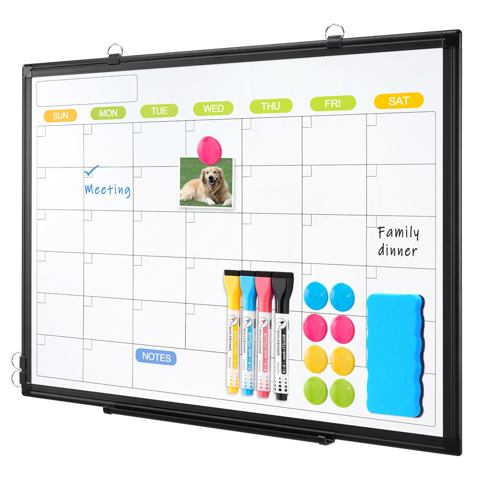 Dry Erase Calendar Whiteboard for Wall, WALGLASS 36" x 24" Magnetic White Board, Monthly Dry Erase Calendar with Silver Aluminum Frame, Double-Sided