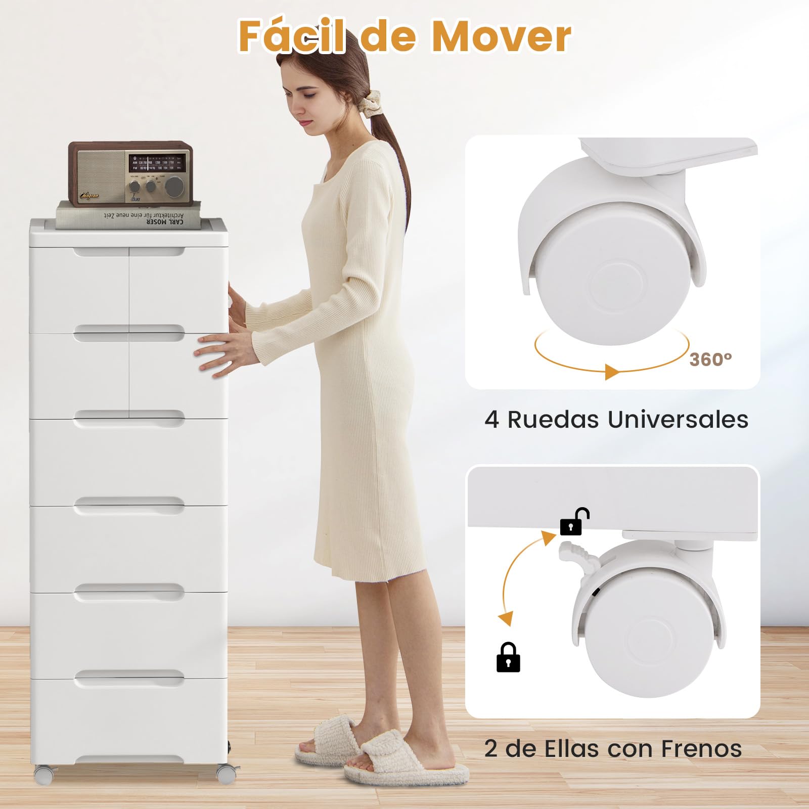 GOPLUS Carro de Almacenamiento de Plástico con Cajones, Mueble Organizador Móvil con 4 Ruedas Universales, Contenedor de Almacenamiento Vertical para Dormitorio, Oficina (Blanco, 6 Cajones)