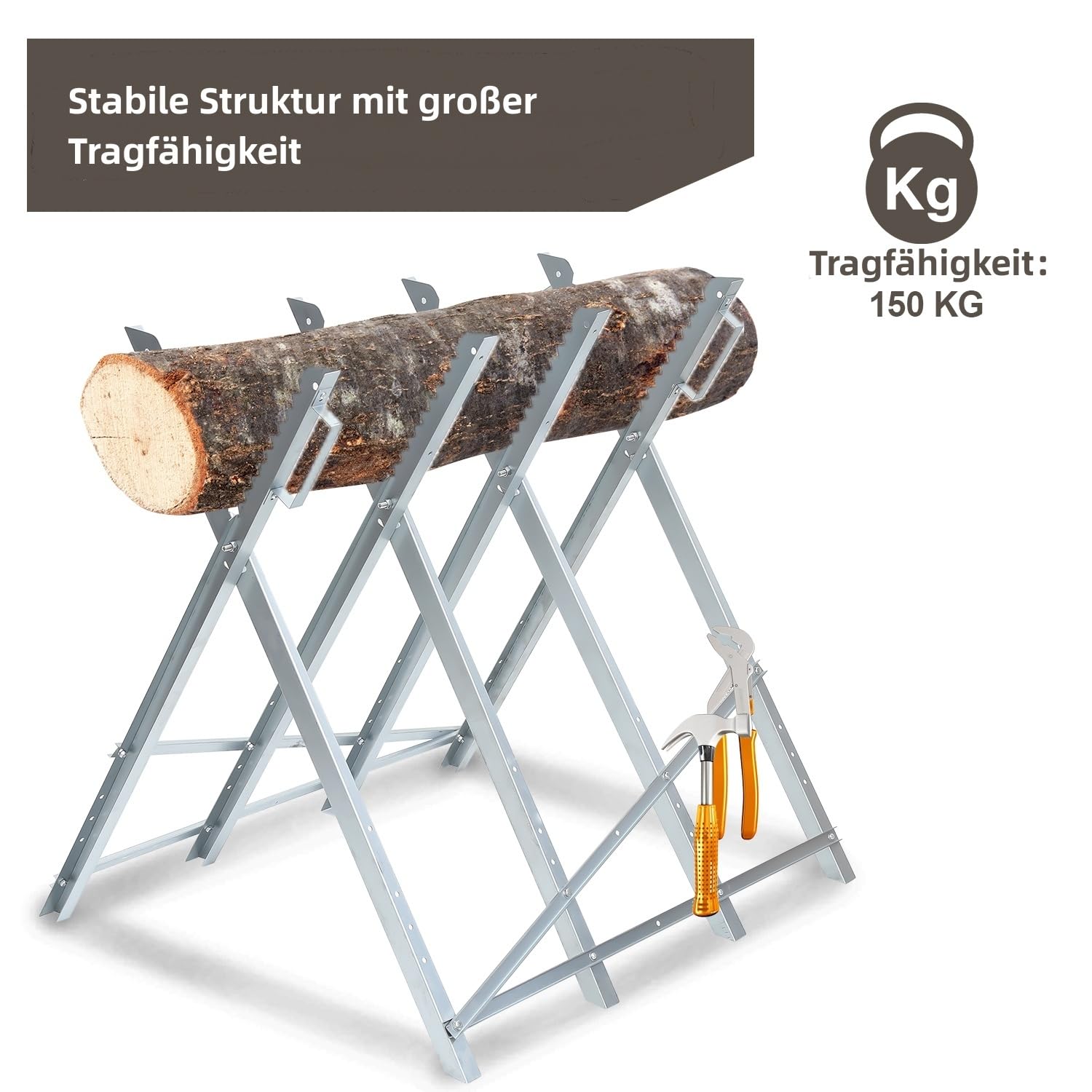 Robusto supporto per sega per legno in acciaio con 4 supporti dentati, zincato, pieghevole, portata fino a 150 kg, supporto per sega a catena, pieghevole per tronchi fino a Ø 23 cm