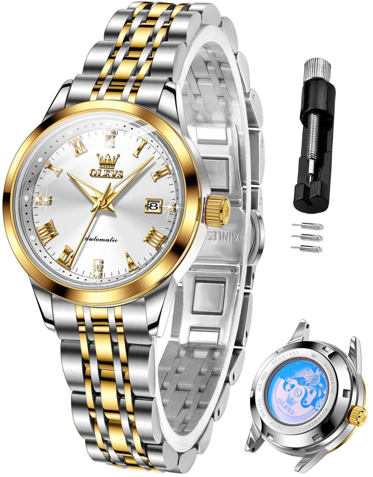 OLEVS Ladies Luxury Gold Silver Stainless Steel Quartz Watch Waterproof Date