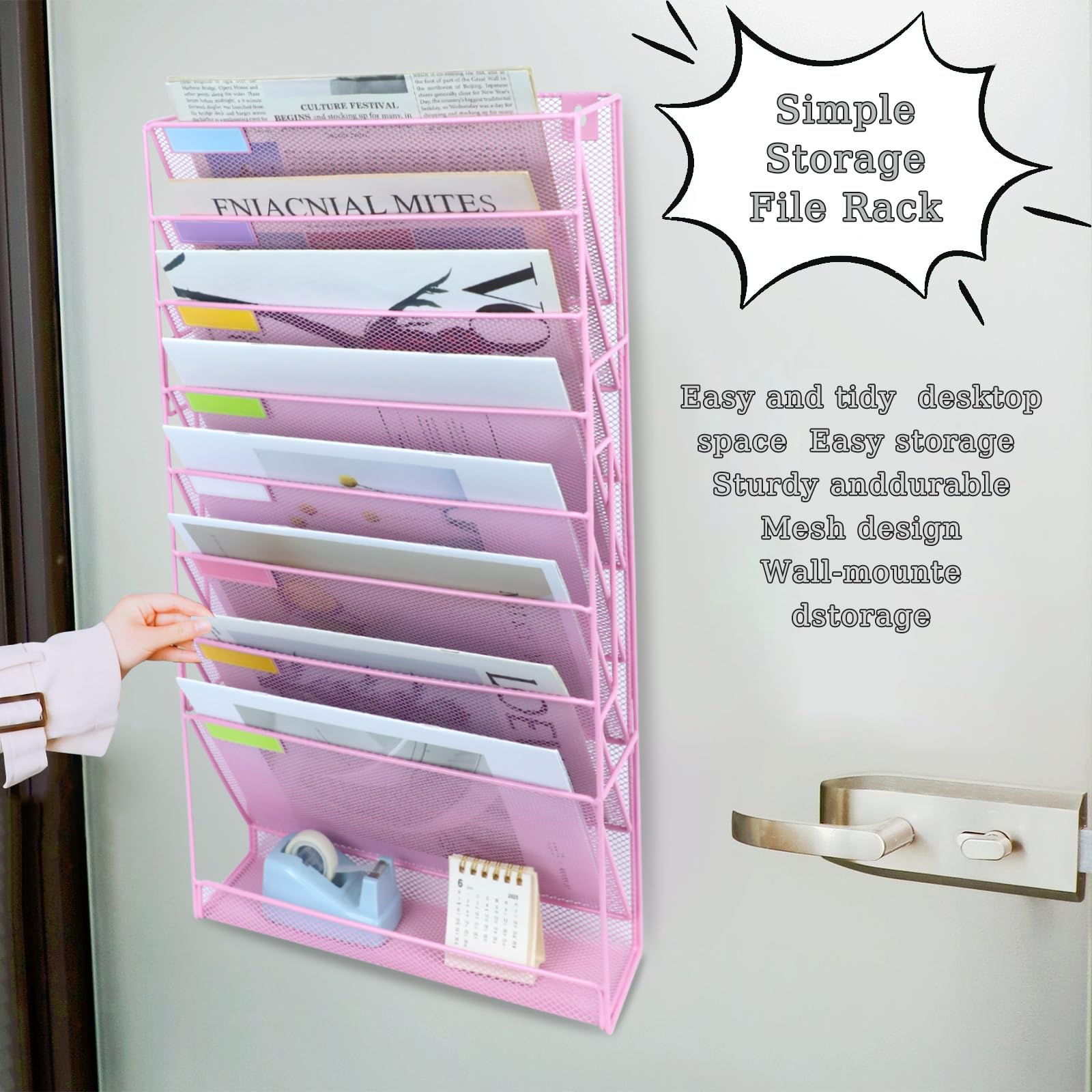 Bandeja de malla A4 de 9 niveles para colgar en la pared, soporte para archivos, revistas, documentos, organizador de correo, estante de almacenamiento de revistas, malla de metal duradera