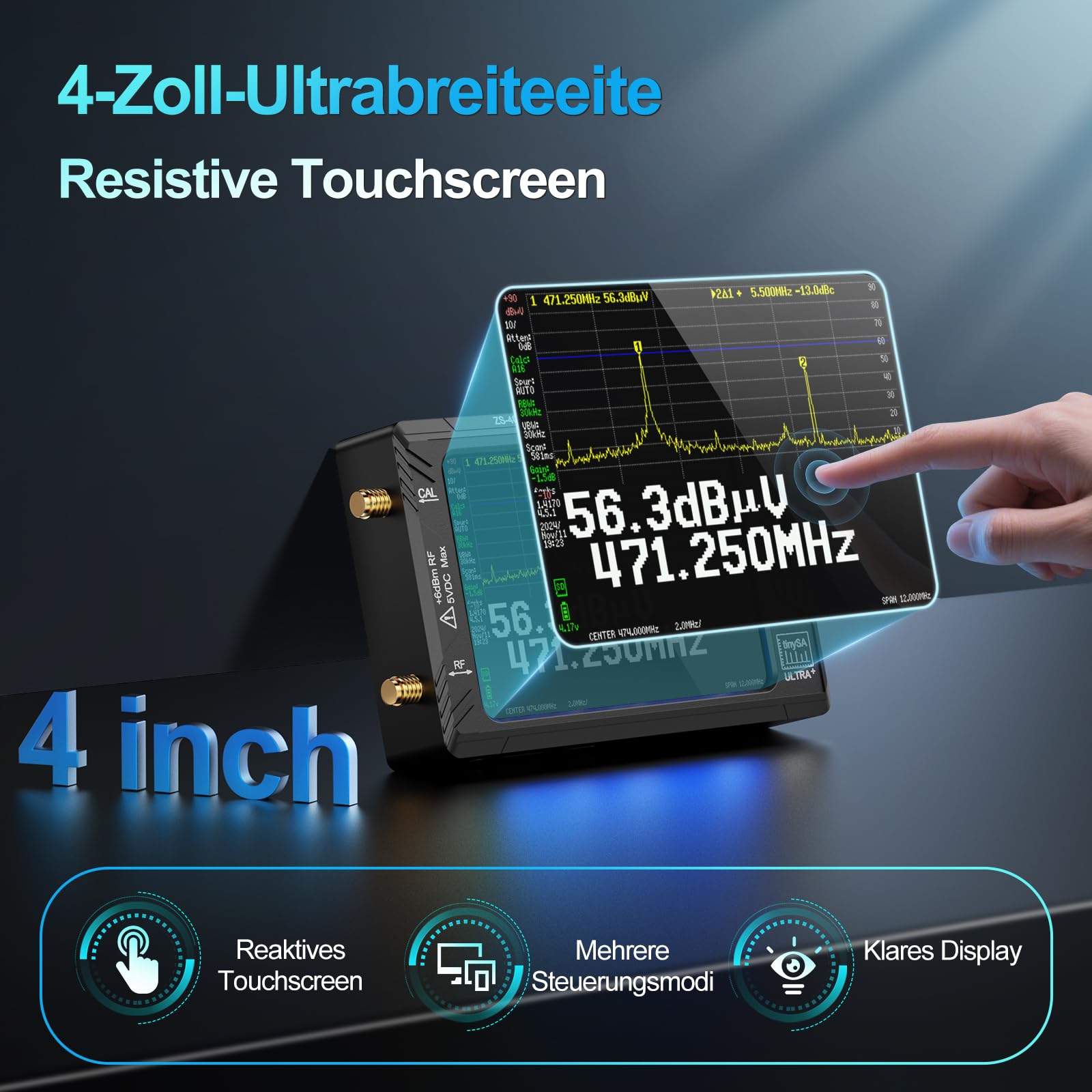 AURSINC Tinysa Ultra+ ZS407 Spektrumanalysator, 4,0 Zoll 100 kHz-7,3 GHz Tinysa Handheld-Frequenzanalysator, 2-in-1 RF-Signalgenerator 100 kHz bis 900 MHz MF/HF/VHF/UHF-Eingang, HW V0.5.4