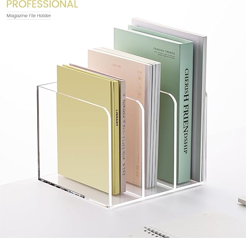 Miniatura 2 de Soporte de acrílico para revistas, organizador de escritorio transparente con 3 compartimentos verticales, organizador de archivos de revistas,