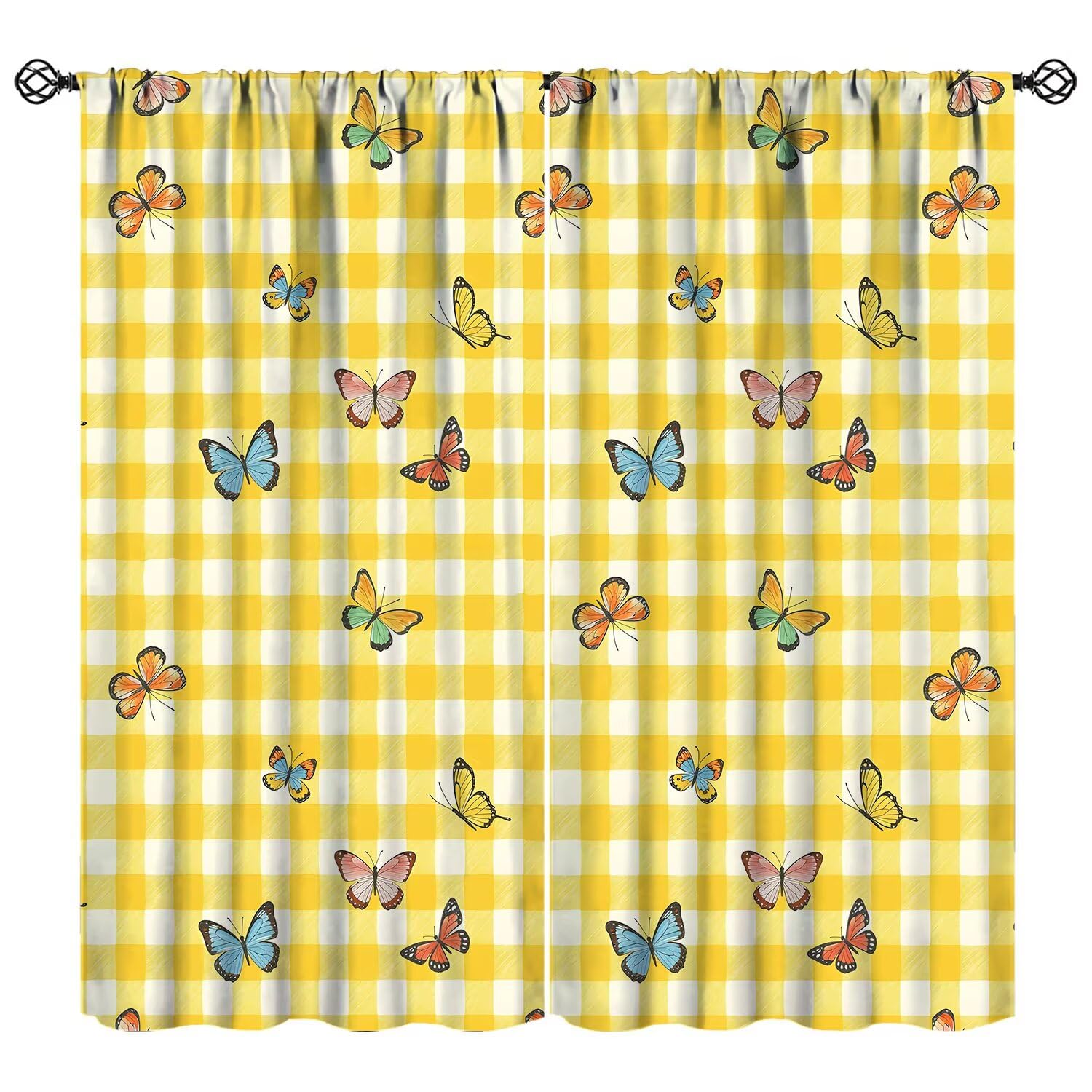 JESTRONRY Butterfly Window Curtains,Watercolor Butterflies Yellow Plaid Print Pattern Window Door Curtains for Bedroom Living Room Kitchen Home Decor 52" W X 84" L (Blackout)