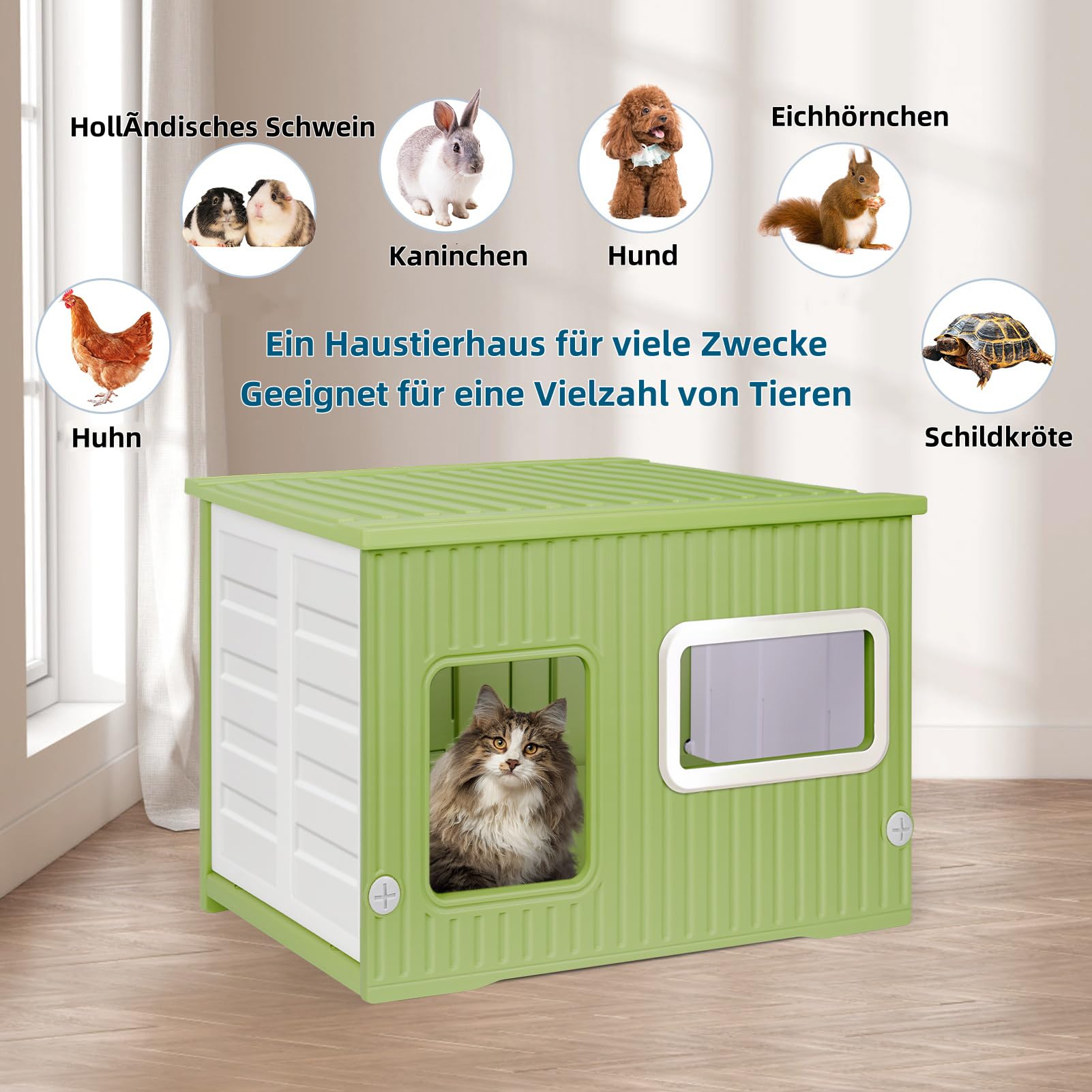Kunststoff-Katzenhaus für Drinnen und Draußen mit Doppelseitigem Kissen Wetterfestes Katzenhaus für alle Jahreszeiten Geeignet(Grün und Weiß, 56 * 38 * 36)