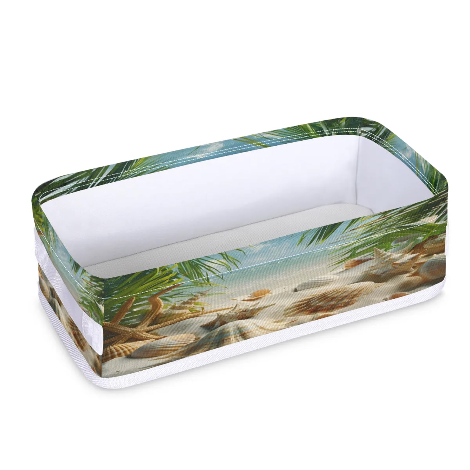 Tablerazzi Toilet Tank Topper Paper Basket with Handle, Ocean Bathroom Storage Basket for Organizing, Seashell Palm Tree Small Fabric Storage Bins for Bathroom Decor