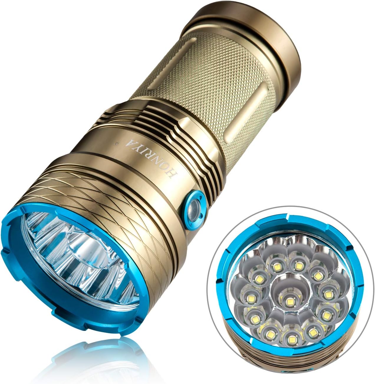 Super Bright Led Torch, HONRIYA Flashlight 12000 Lumens High Power Searchlight,12xCree XML-T6 Portable Led Flashlight for Indoor and Outdoor(Gold)