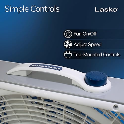 Vista 4 de Lasko Weather-Shield Performance Box Fan, 3 Speeds, Innovative Wind Ring System for Up to 30% More Air, Carry Handle for Bedroom, Office, Home, 20