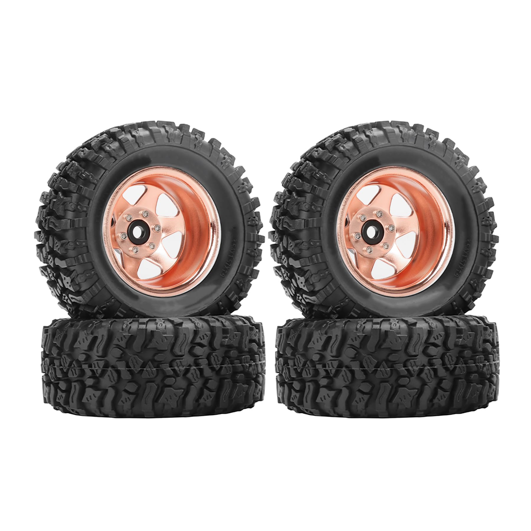 KINGCOO 4PCS 1.9Inch Negative Offset-8.9mm 6-Spoke Beadlock Wheel Rim and 90mm Rubber Tires for 1/10 RC Rock Crawler Car for Axial SCX10 90046 UTB18 D90 TRX4 1/12 MJX H12Y H12P (Rose Gold, Width 40MM)