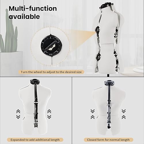 Miniatura 3 de Maniquí de forma de vestido ajustable beige para coser mujeres tallas 6-14, cuerpo de modelo pinable con 13 diales, ruedas desmontables, rango de