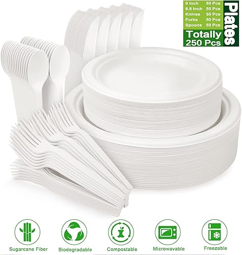 Miniatura 2 de 250 platos compostables, platos de papel de caña de azúcar con utensilios extralargos, juego de vajilla desechable ecológico biodegradable,