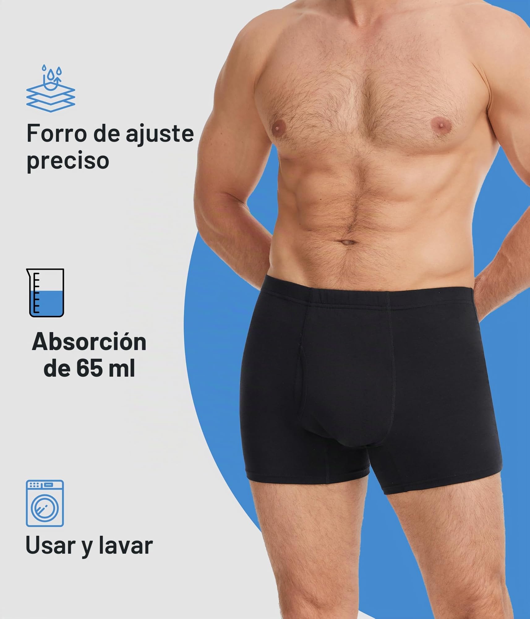 Pantalones de incontinencia para hombre, calzoncillos tipo bóxer de algodón para incontinencia, 65 ml, absorbentes, lavables, reutilizables, a prueba de fugas, paquete de 3 (negro, L)