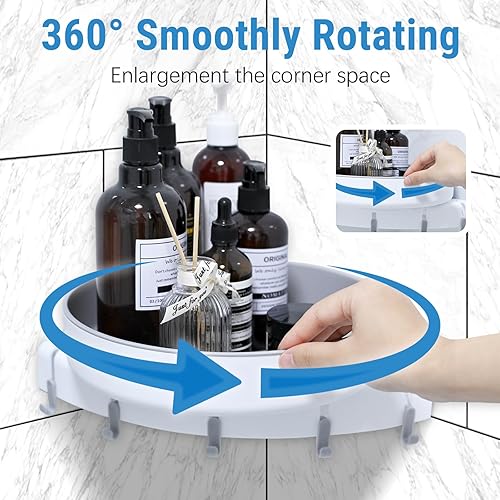 Miniatura 2 de Sarzdras Organizador esquinero de ducha giratorio de 360, estante de almacenamiento de ducha interior de plástico sin perforaciones, 5 ganchos para