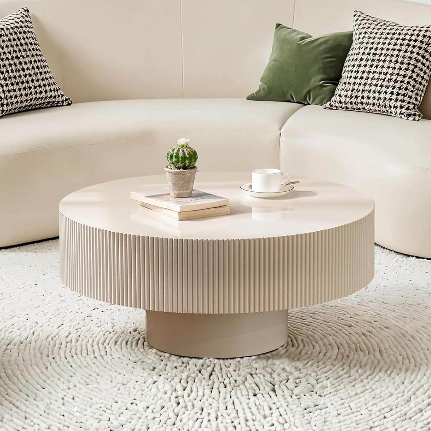 Modern Wood Round Coffee Table - Handcraft Fluted Coffee Tables with Sturdy Base, Easy Assembly, Contemporary Style Circle Coffee Table Small Tea Table for Living Room, Apartment, Office (White Thick)