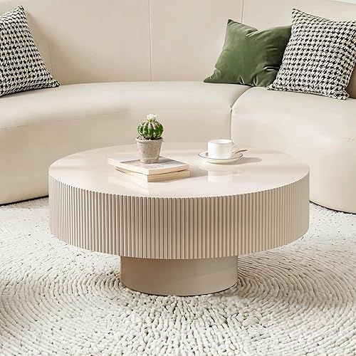 Mesa de Café Redonda Moderna de Madera - Mesas de Café Acanaladas Artesanales con Base Robusta, Fácil Montaje, Mesa de Café Circular de Estilo