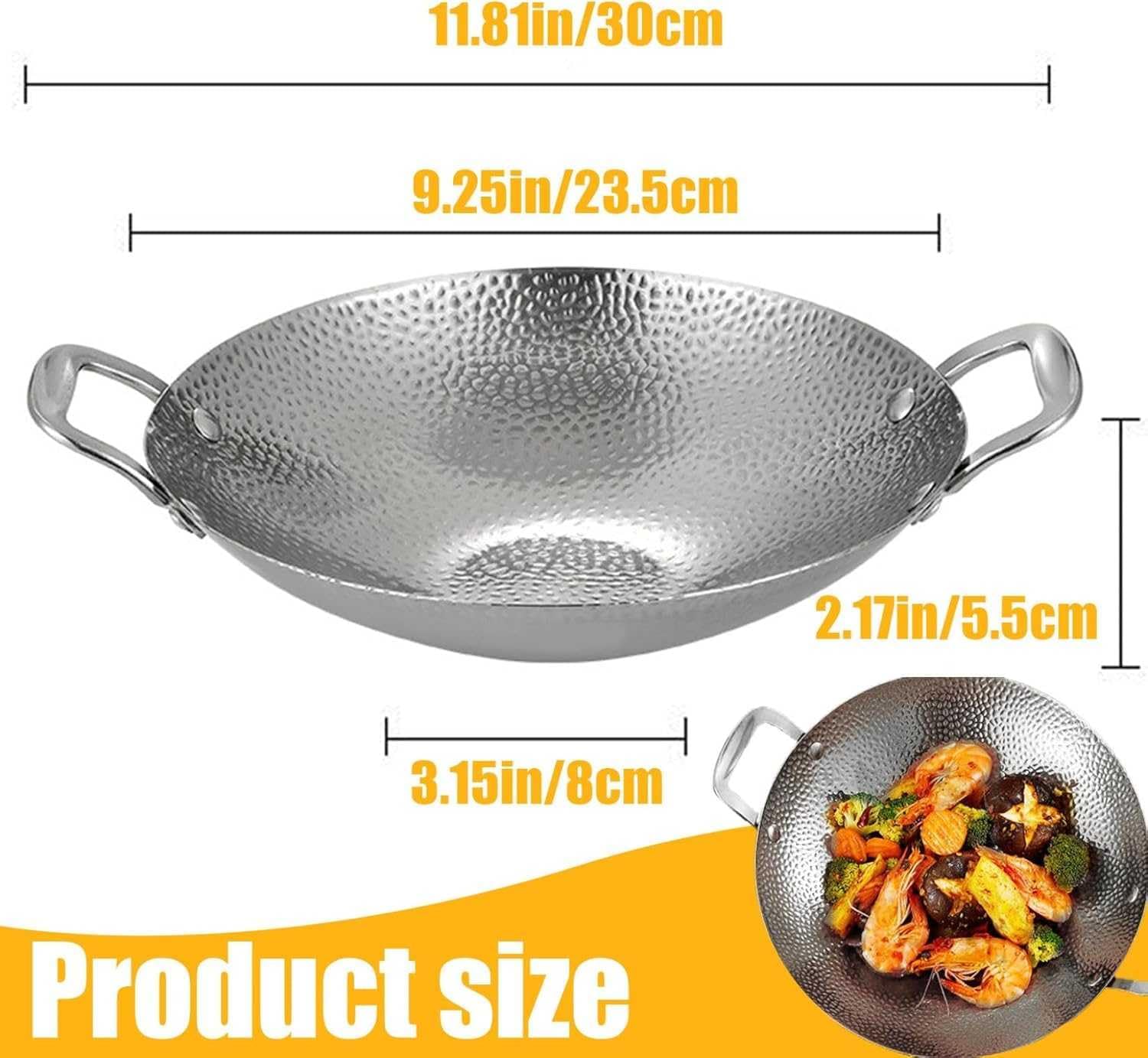 Stainless Steel Non-Stick Wok with Double Handles - Korean Stir Fry Pan, Round Bottom Skillet for Gas & Charcoal Grills, Perfect for Outdoor Cooking & Camping