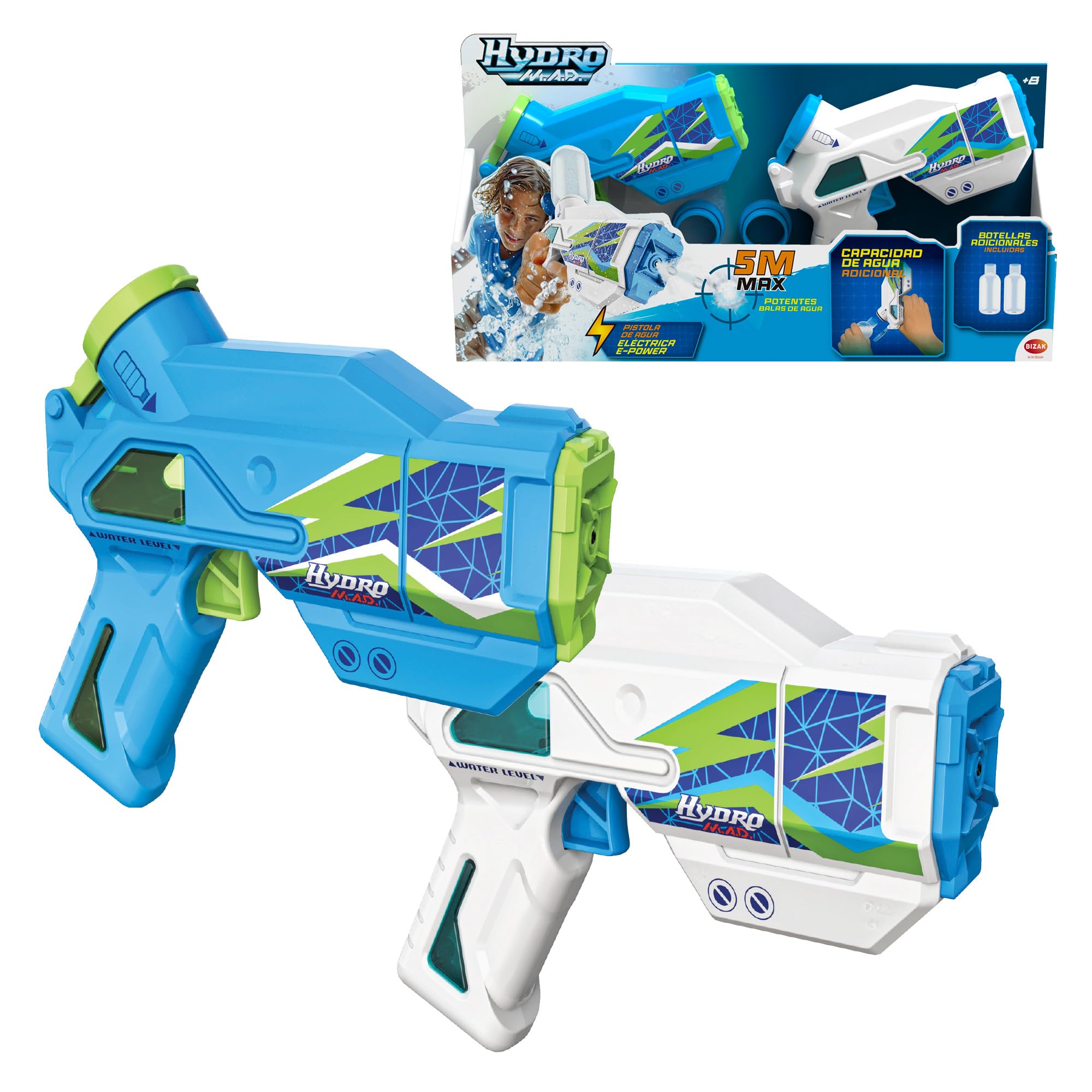Bizak Hydro M.A.D. Mini Blaster Pack Doble, Pistolas de Agua Electrónicas en Azul y Blanco, Alcance hasta 5m, Juguete para Juego al Aire Libre, Niños y Niñas +8 Años, (62001154)