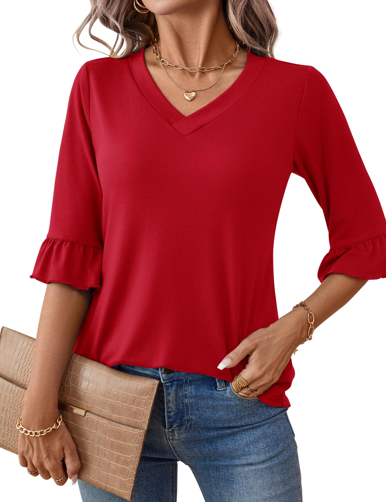 LOMON 3/4 Length Sleeve Womens Tops Summer Loose V-Neck Eyelet T-Shirts Dressy Casual Ruffle Sleeve Tunic Blouses