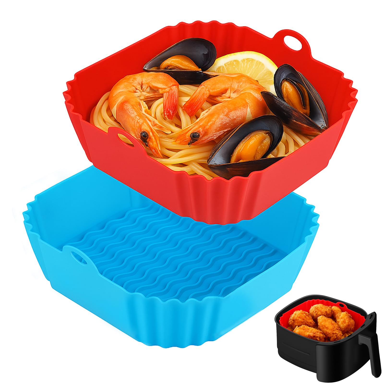 9 Inch Large Air Fryer Silicone Liners - 2 PCS Square Reusable AirFryer Basket Liners for 5-8QT Air fryer, Air fryer Accessories for Baking Roasting Microwave (Red + Blue)