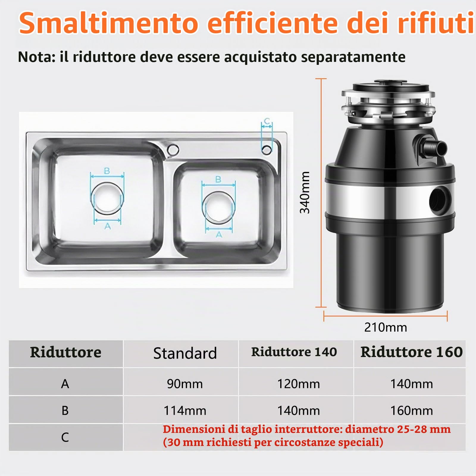 Dissipatore di rifiuti alimentari con interruttore dell'aria, 560W sotto il