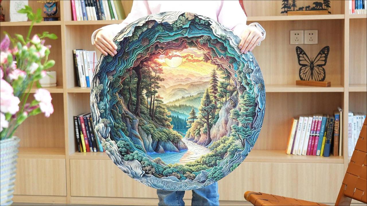 CHARMIBLE 1000-Teile-Puzzle – 3D-Höhlenwald – Rundes Design, 67,5 X 67,5 Cm – Für Erwachsene Und Familien