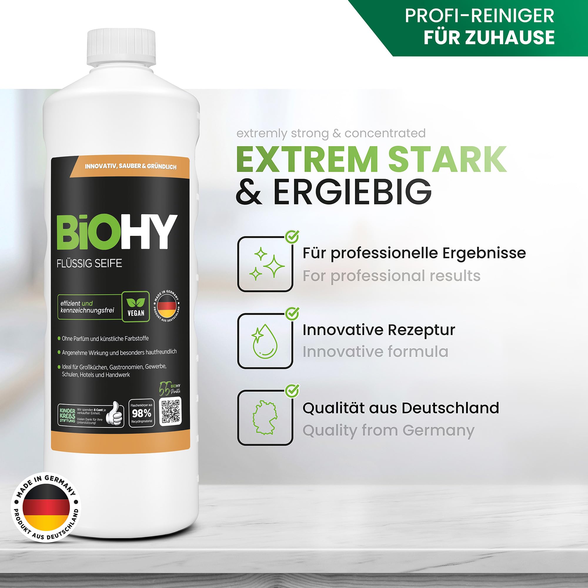 BiOHY Sapone liquido (2 x 1 litro) + dispenser a pompa, sapone per le mani delicato sulla pelle, privo di fosfati, inodore per cucine, gastronomia e sanitari, senza profumi e coloranti