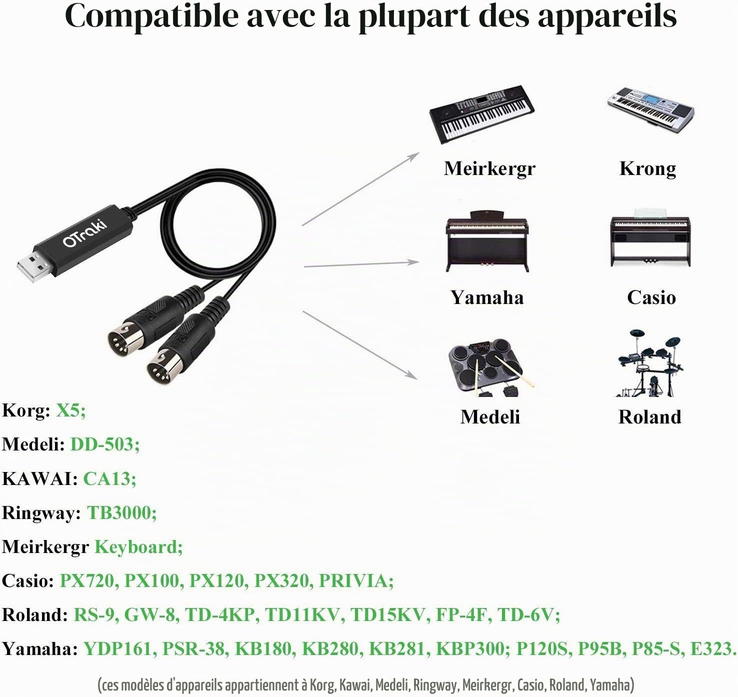 OTraki Câble MIDI USB 2M, Câble D'interface USB vers MIDI - Cable de Conversion DIN 5 Pin [IN/OUT] MIDI - Convertisseur Pour Ordinateurs Portables PC Clavier Piano Musique Studio