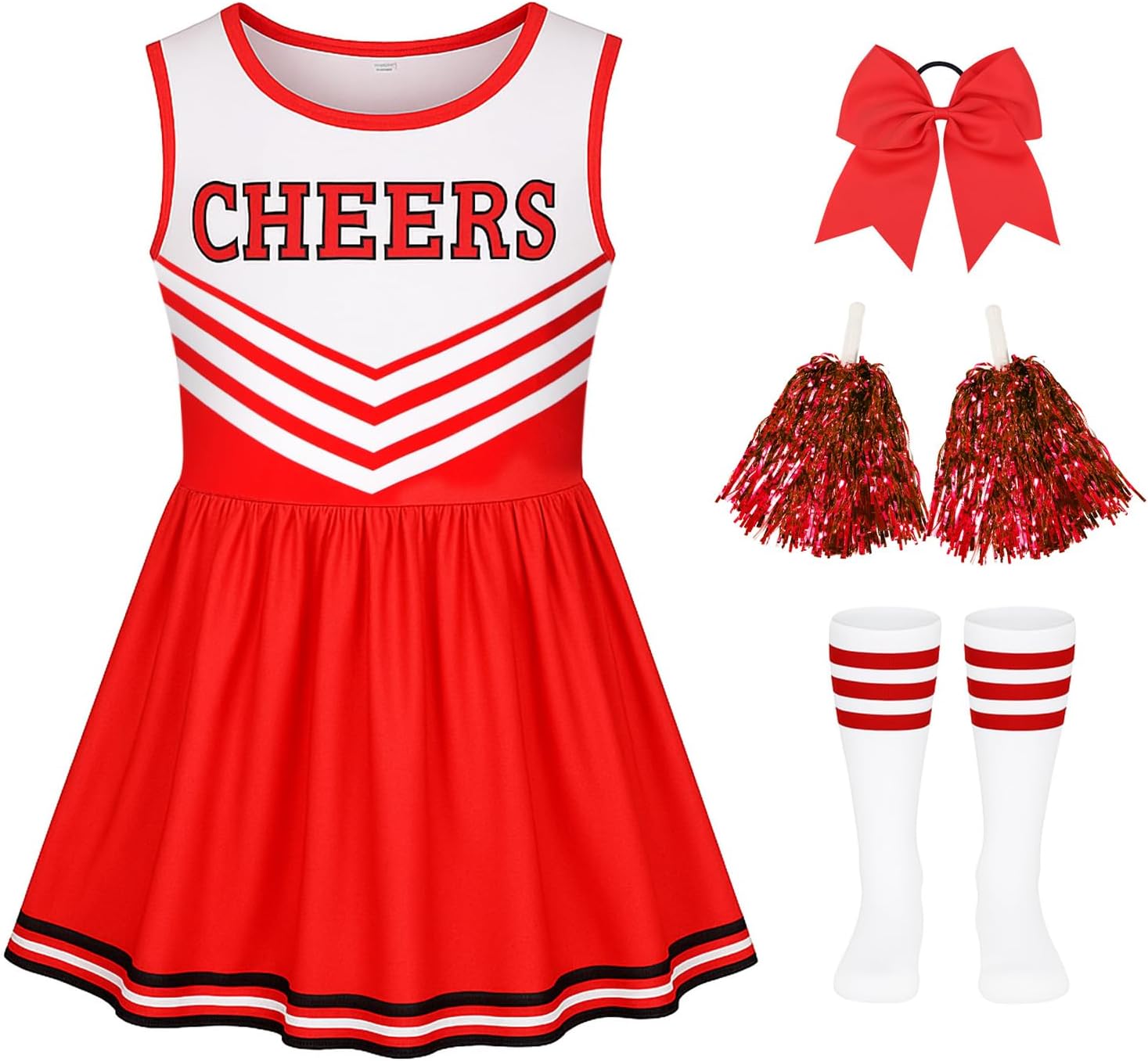 LiuSuper Cheerleader Costume for Girls, Bow&Poms&Socks, Halloween Kids Cheerleading Outfit High School Cheer Leader Dress Up