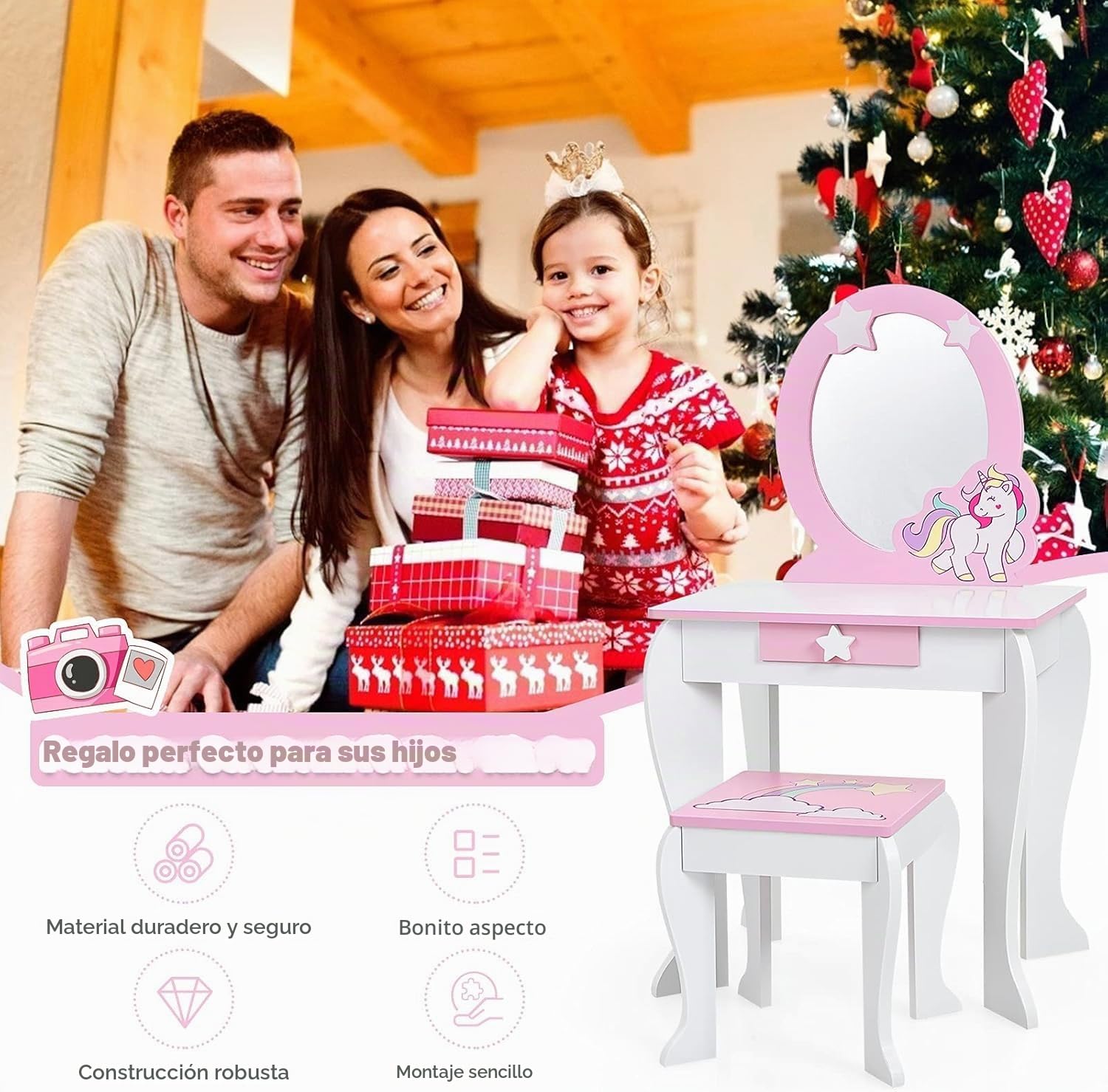FANTASK Tocador Infantil con cajón y Espejo extraíble, tocador de Princesa con Taburete, tocador Rosa y Blanco para niñas de 3 a 7 años