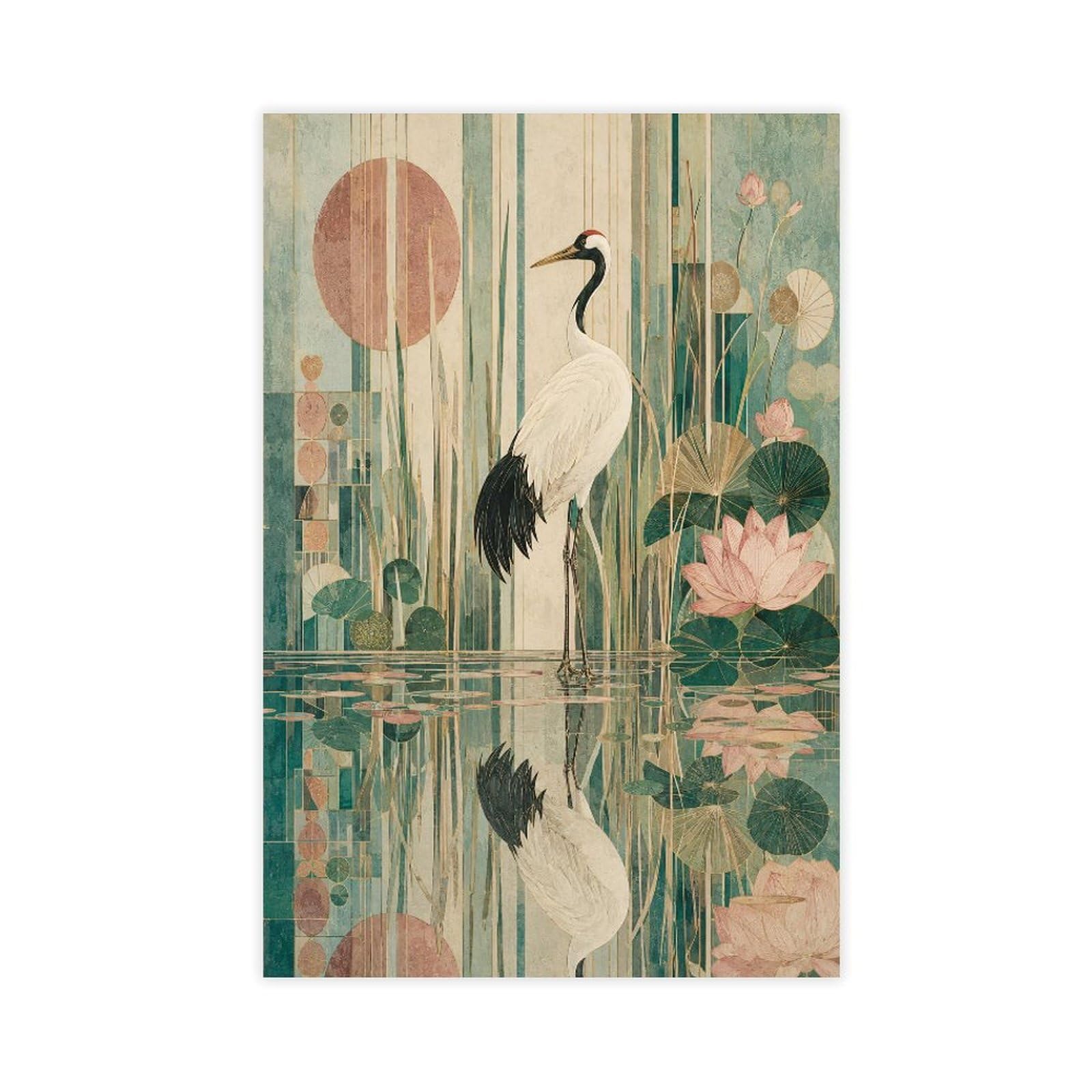 W7c8u2x3 Unframe-Style-17 Cranes In Lotus Pond Canvas Wall Art, Asian Modern Entryway