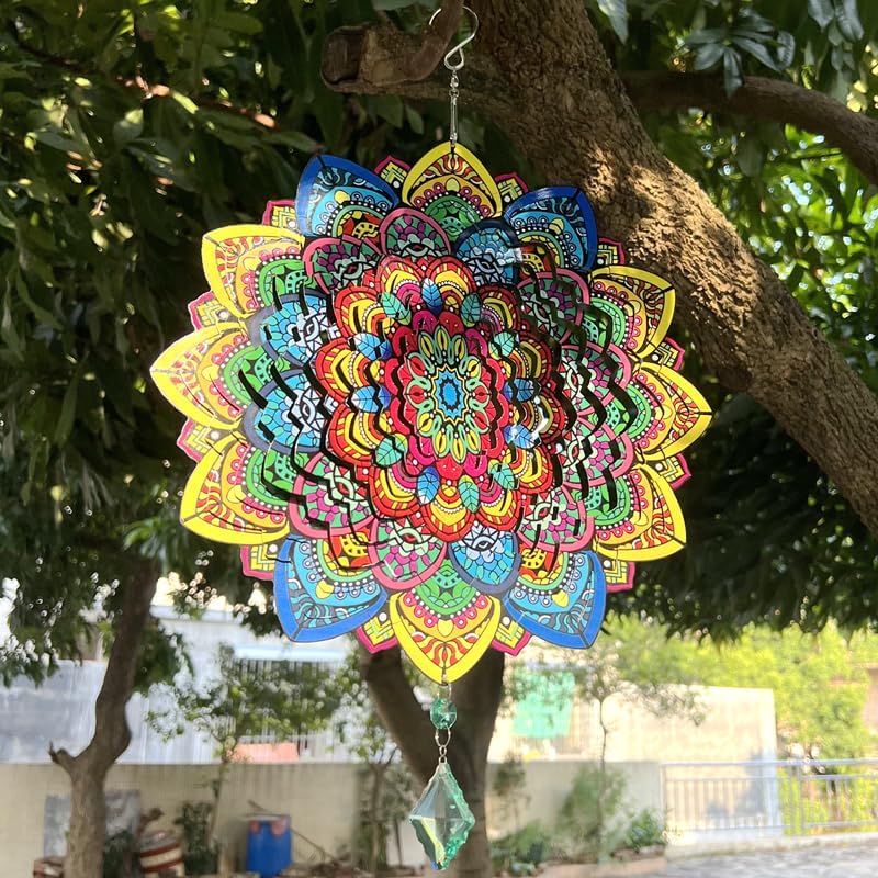 Miniatura 5 de HZSprance Molinillo de viento con diseño de mandala, escultura de jardín de acero inoxidable 3D de 12 pulgadas, para colgar en el patio, decoración