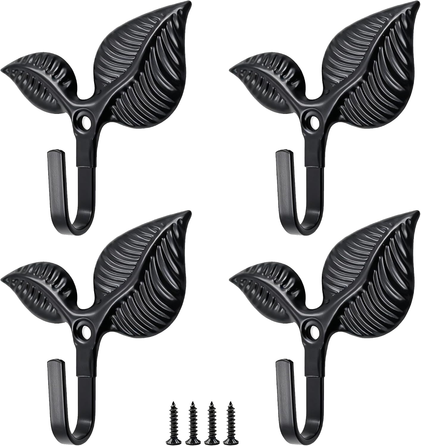 4pcs Heavy Duty Vintage Leaf Wall Hooks Antique Bronze Decorative Iron Coat Hooks Wall Mounted, for Hanging Towels, Coats, Hats, Scarf, Bags, Keys, Home Decor for Entryway, Bathroom, Kitchen (Black)