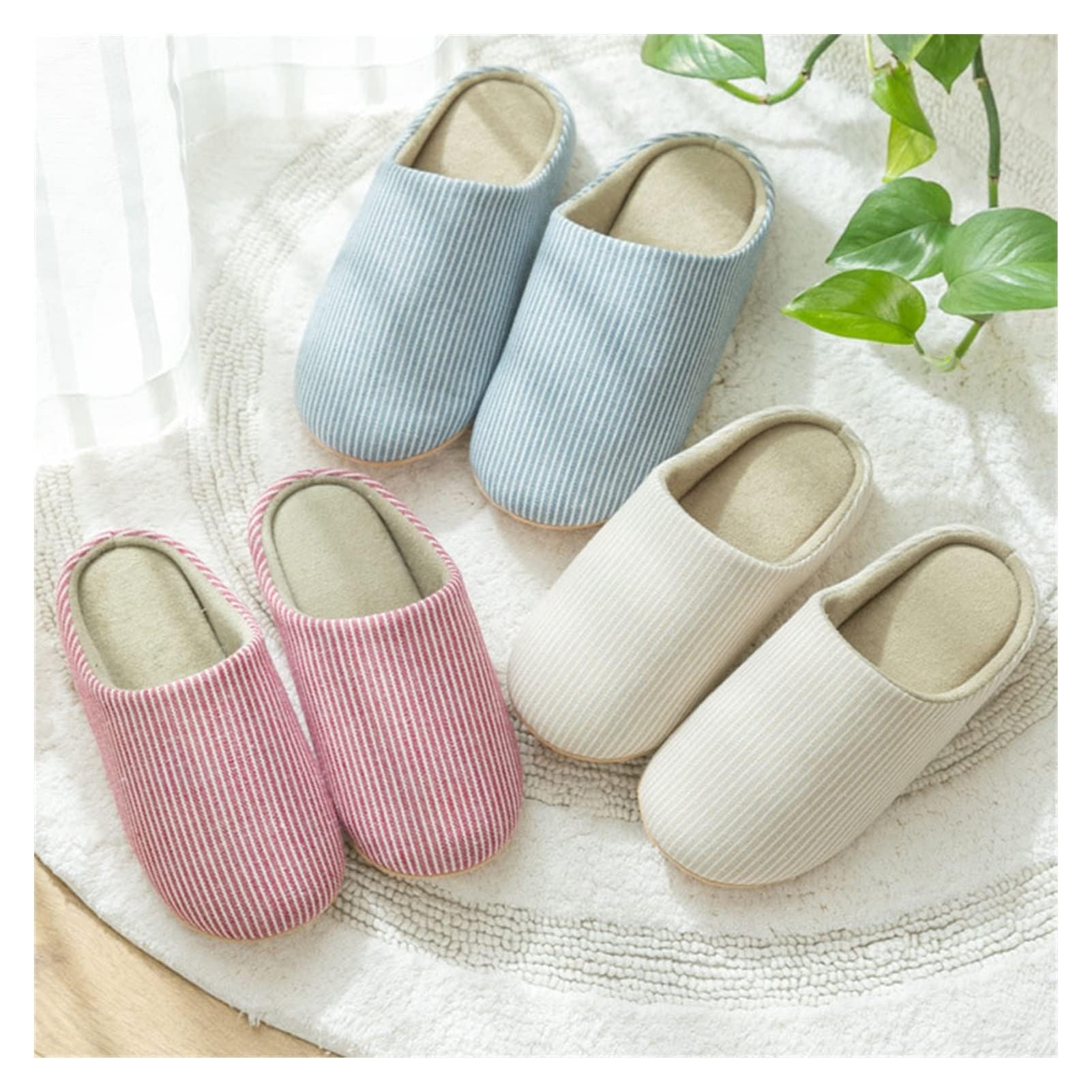 Genérico Pantuflas De Felpa A Rayas, Antideslizantes Y Cálidas