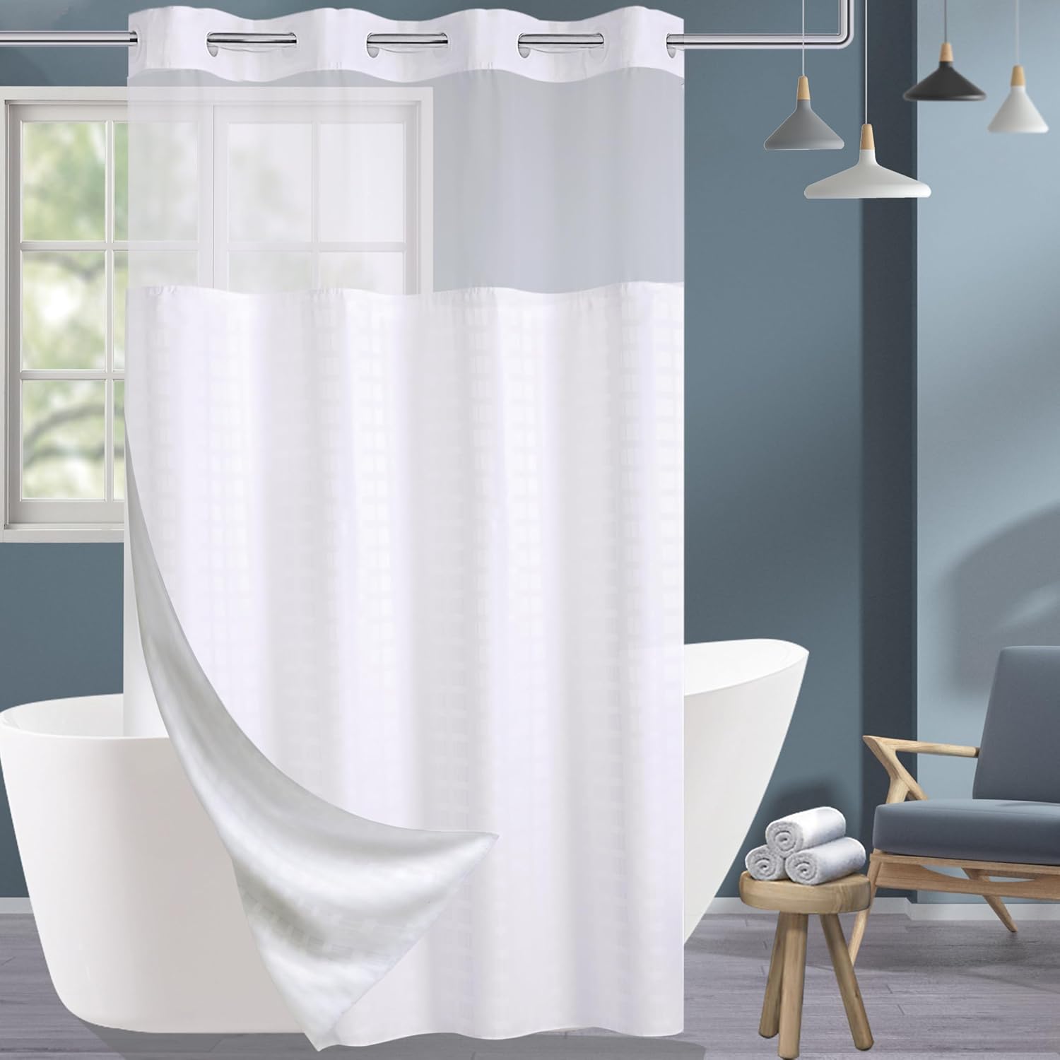 Conbo Mio Extra Long No Hook Shower Curtain with Snap in Liner Set, Hotel Luxury White Fabric Shower Curtains for Bathroom with See Through Top Window, Washable, Waterproof 71W x 84H