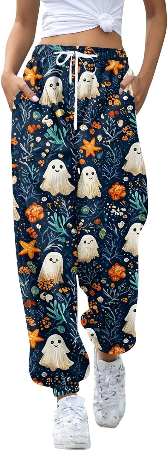 FQZWONG Halloween Pants for Women Cute Bat Costumes Lounge Print Sweat Pant Halloween Ghost Sleepwear Y2k Holiday Party Pjs