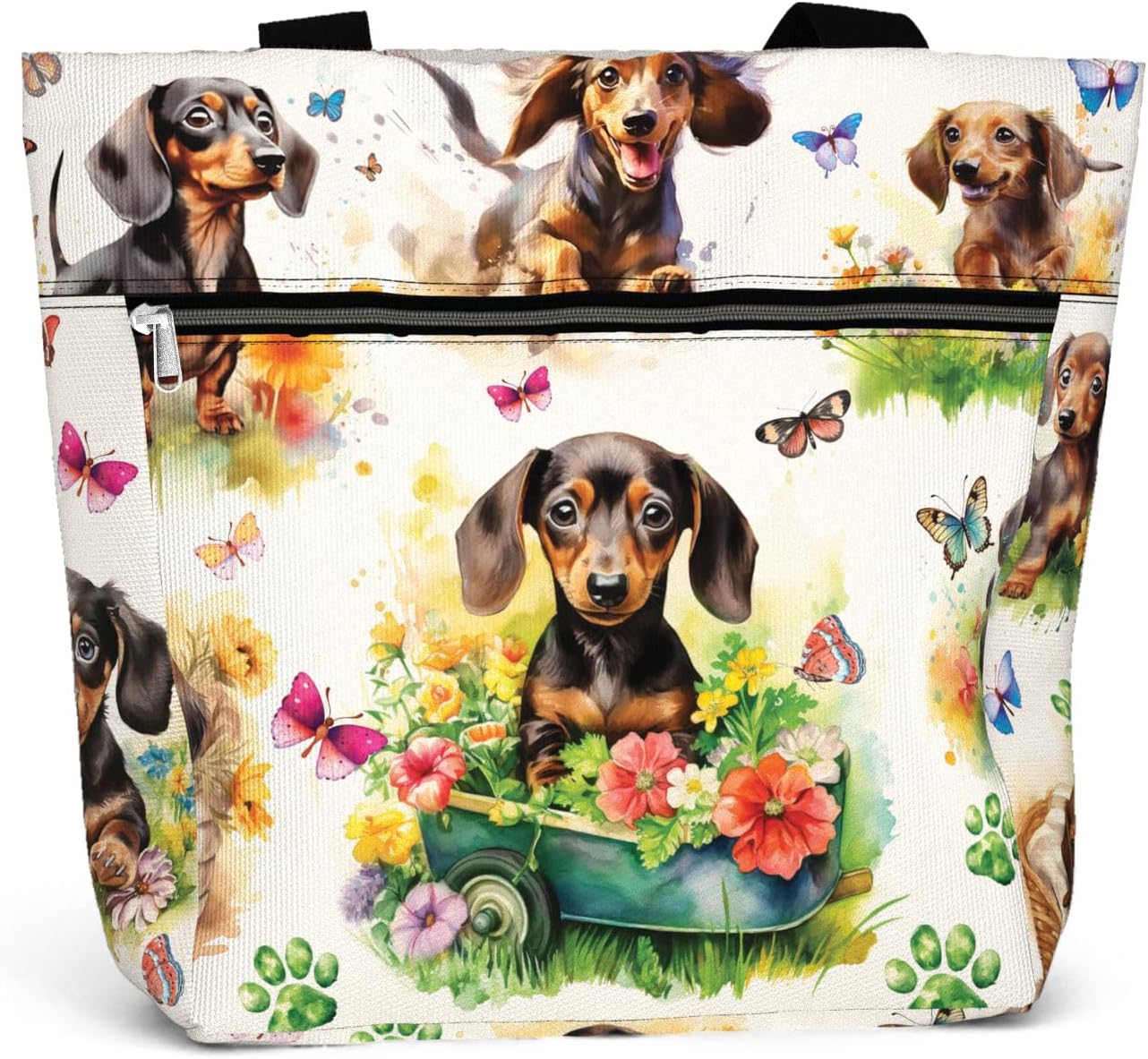 84hoods Large Waterproof Tote Bag with Pockets and Zipper for Work. Gift for Women Dachshund Lovers and Owners.
