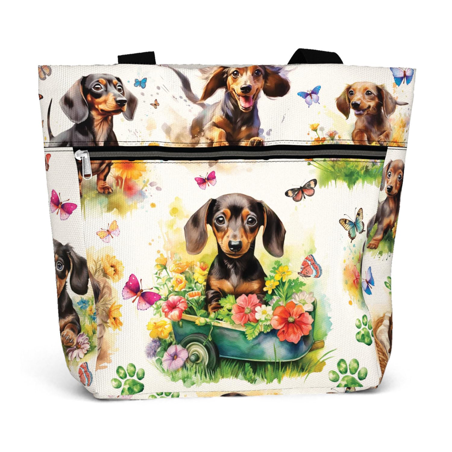 84hoods Large Waterproof Tote Bag with Pockets and Zipper for Work. Gift for Women Dachshund Lovers and Owners.