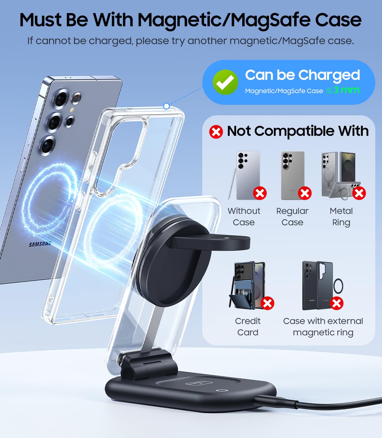 Meifigno Stazione di ricarica wireless pieghevole 3 in 1 per Samsung, supporto magnetico con luce notturna on/off per Galaxy S26/S25/Z Fold 7/Z Flip 7, caricatore per orologio per Galaxy Watch Ultra 8