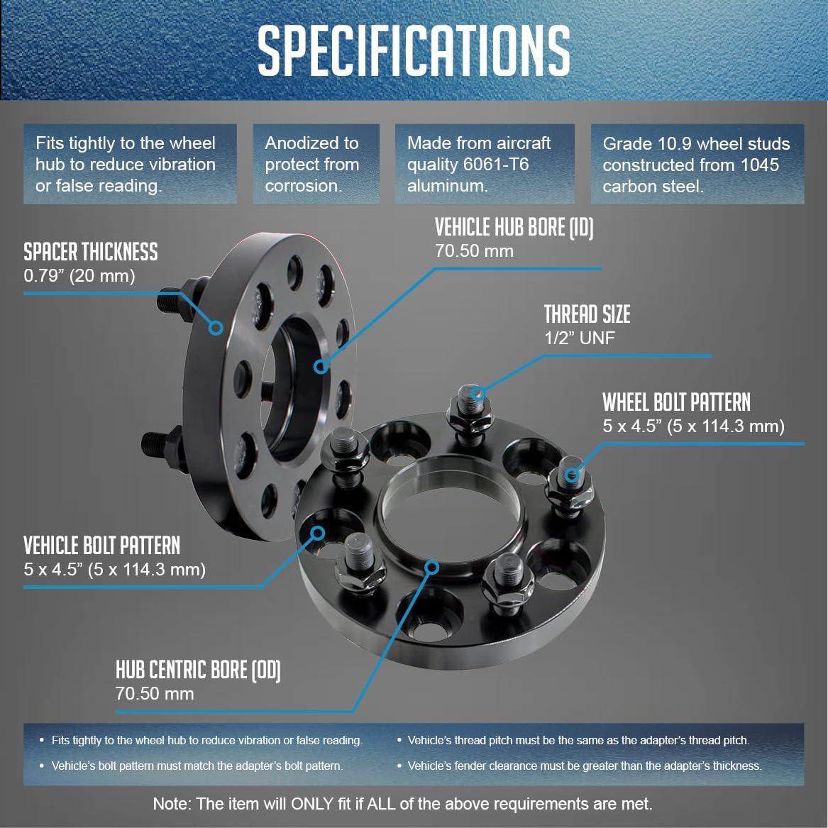 Wheel Accessories Parts 2 Pcs Hub Centric Wheel Spacers Adapters 5x4.5 5x114.3mm 20mm Thick 70.50mm Hub 1/2" Thread Stud Fits Ford Mustang Explorer Ranger - Image 3