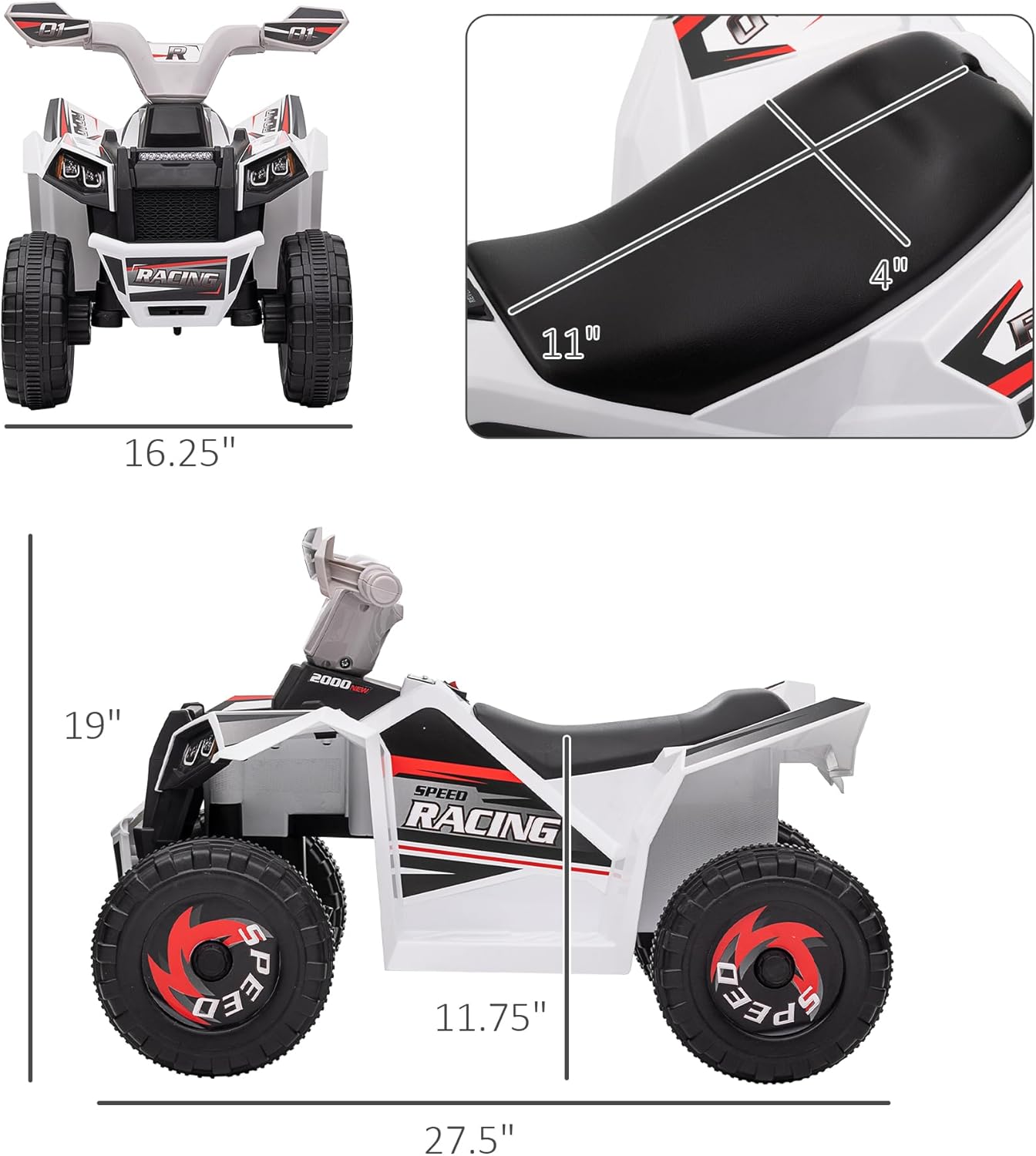 Aosom Kids ATV Quad Car, 6V Four-Wheeler Ride on Toy for Kids with Forward Backward Function, Wear-Resistant Wheels for Toddlers Ages 18-36 Months, White