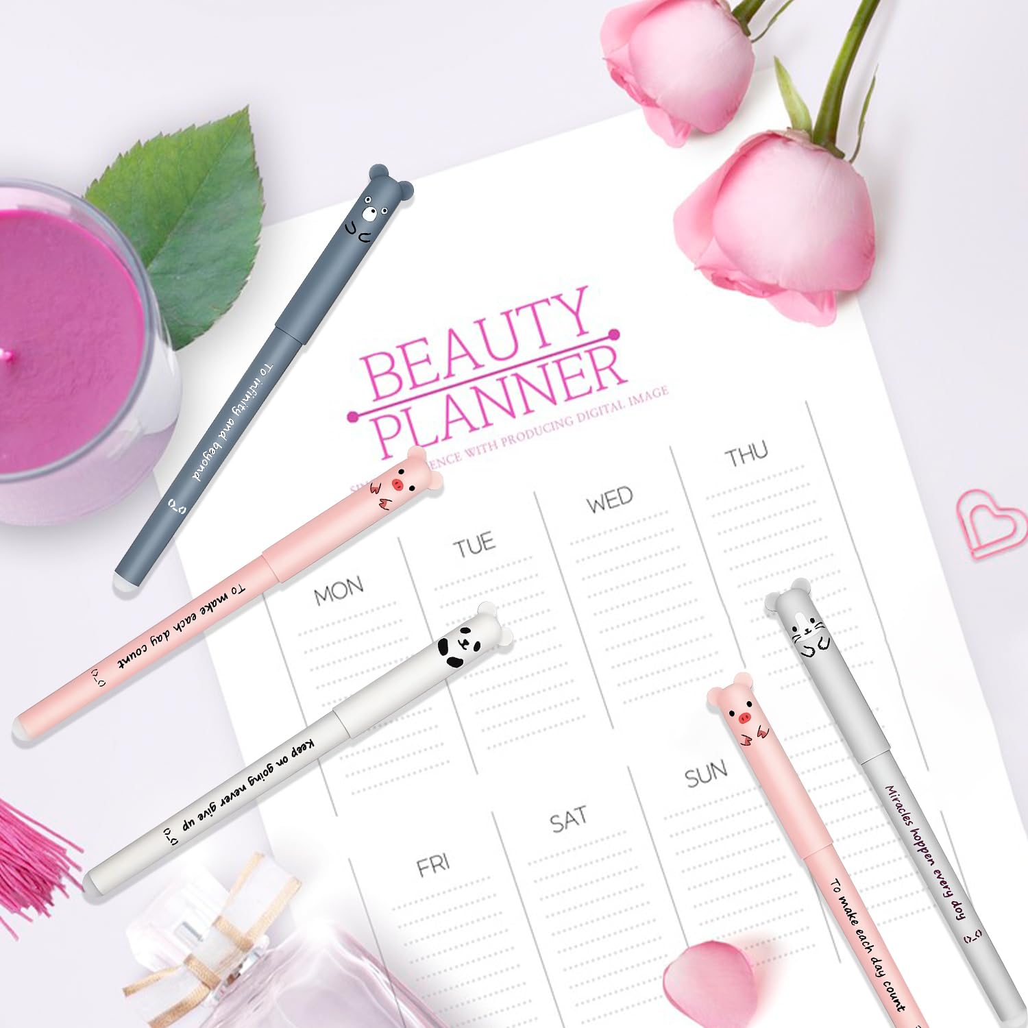 8 Stylos Gel Effaçables Animaux Kawaii + 24 Recharges & 2 Gommes - Stylo Réécrivable