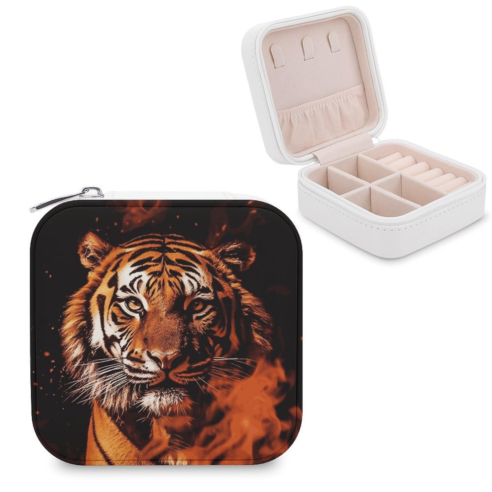 JTREHY Travel Tiger in Fire Jewelry Case Portable Display Storage Box PU Leather Mini Jewelry Travel Case Personalized Travel Jewelry Organizer Small Jewelry Box for Women