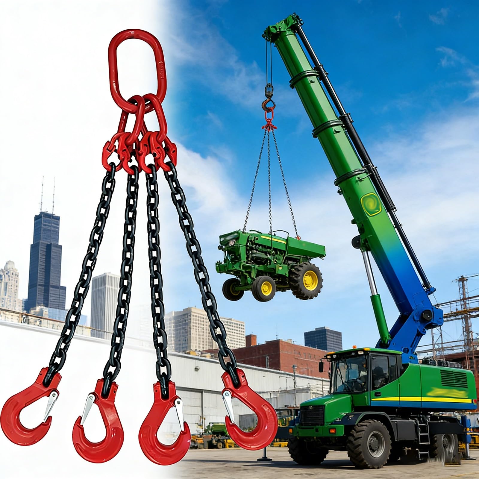 Generisch G80 Stahl-Hebekette mit 4 Schenkelhaken – Hochleistungs-Hebekette mit 2 Tonnen Tragfähigkeit, 4 m lang, robuste Hebekette für Hafen- und Dockeinsätze, Starke Tragfähigkeit
