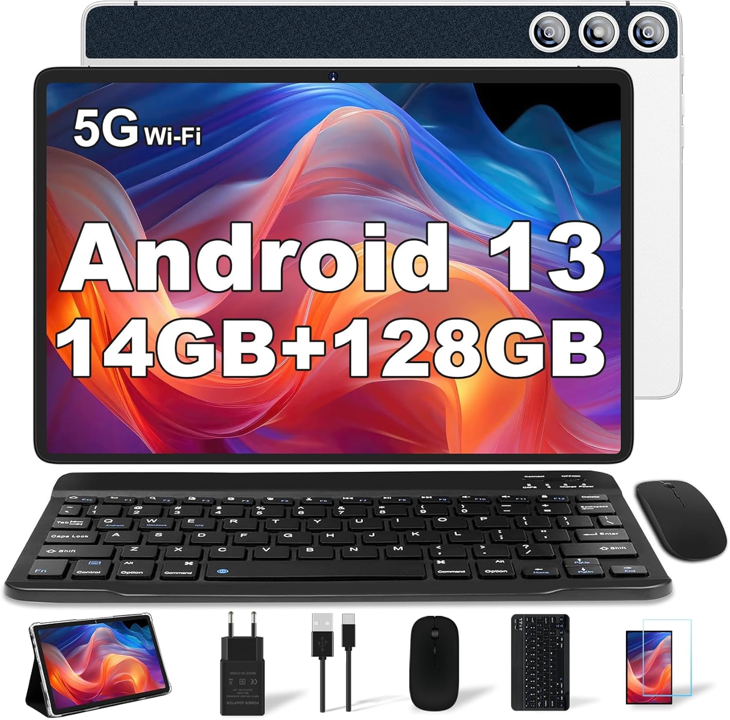 Tablet 10 Pollici Android 13 con 14 GB RAM + 128 GB ROM(1TB Espandibile), Octa-Core, 5G Wi-Fi, GPS, 8000mAh, 8MP+5MP, Bluetooth 5.0, USB-C, OTG, Tablet con Tastiera e Mouse + Custodia, Argento