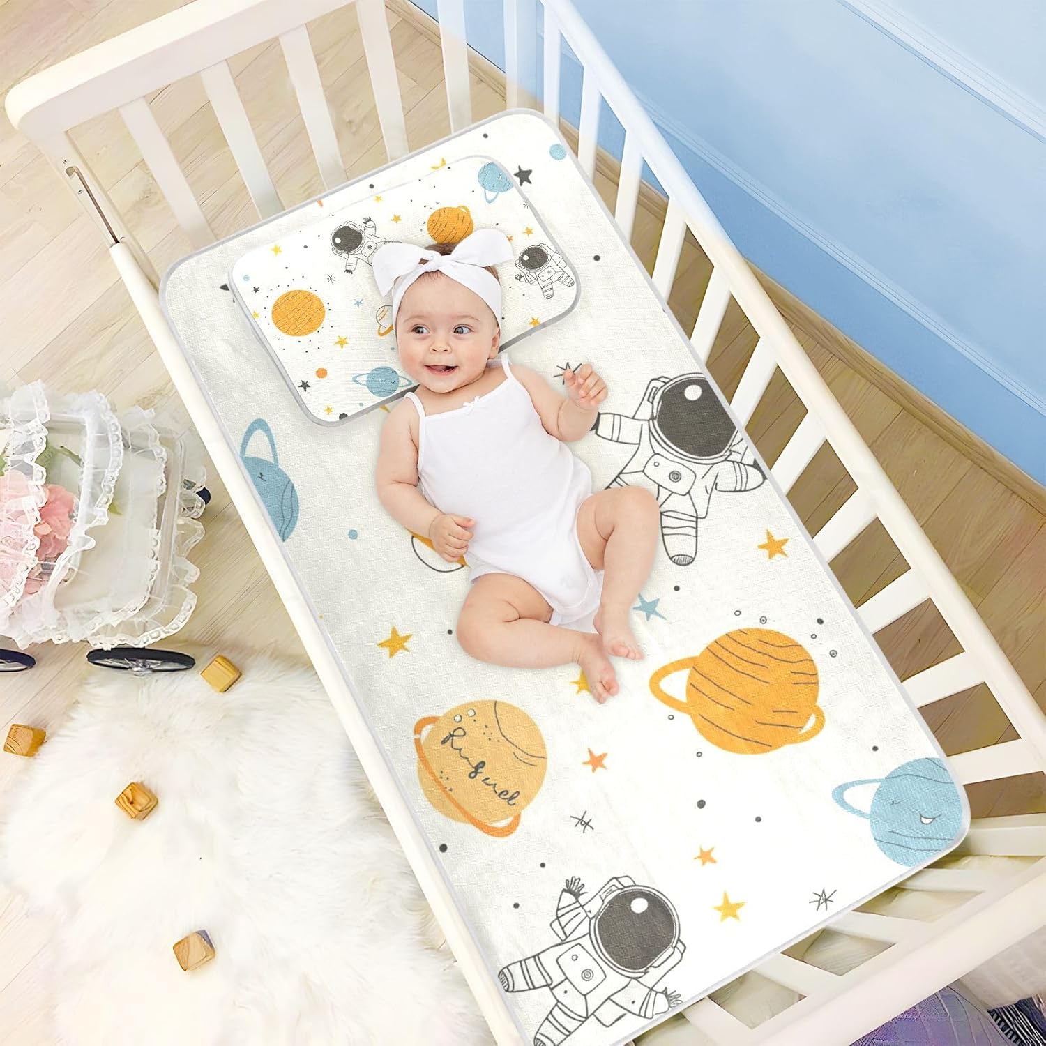 Space Astronauts Planets Cooling Baby Mattress Cover 28" x 52" Washable Bed Pads for Adults for Baby&Toddler