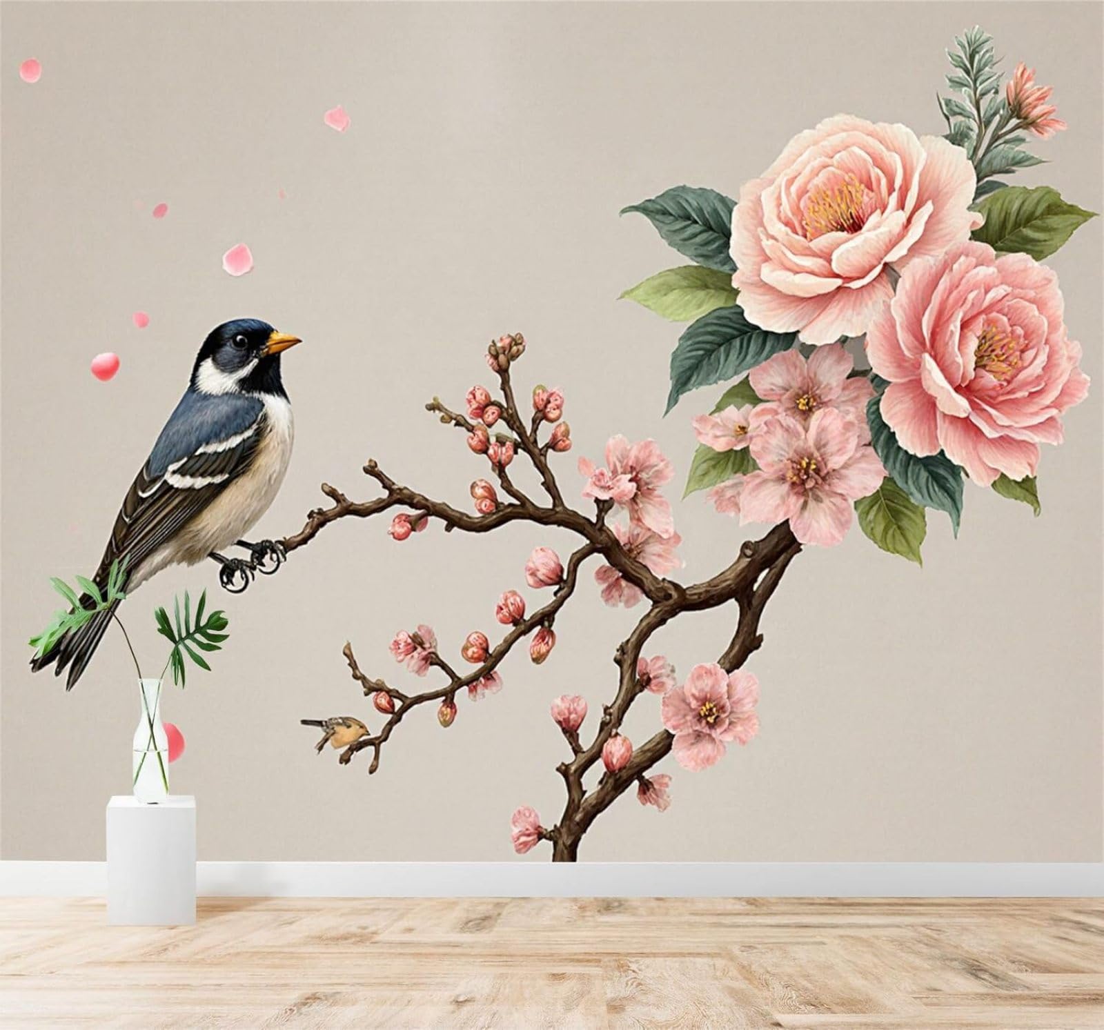 XLMING Minimalist Pink Cherry Blossoms Peonies Birds 3D Wallpaper Premium Textured Silk Study Dining Living Room Bedroom Sofa TV Wall Easy Install-200cm×140cm