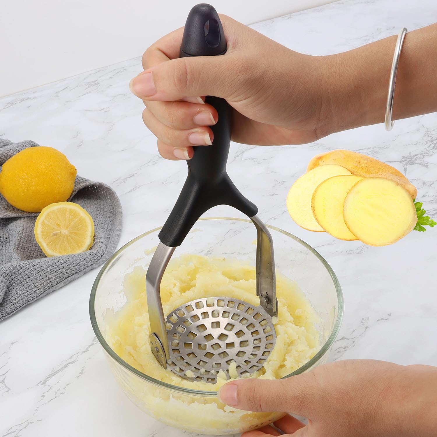Machacador de Patatas de Acero Inoxidable, Máquina Trituradora de Patatas Manual, con Mango Antideslizante, Pasapurés Triturador de Patatas para Hacer Puré de Verduras, Frutas