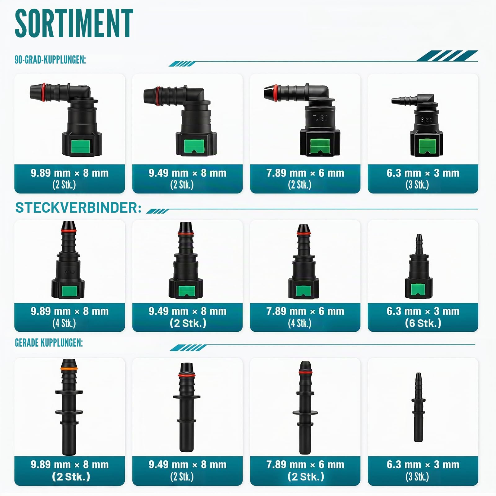 Kraftstoffleitung Reparaturset & Benzinleitung Set, Schnellverschluss Kraftstoffleitungsverbinder für Auto, Motorrad, Boot – Benzinschlauch Set mit SAE 9.89/9.49/7.89/6.3mm, gerade & 90° Winkel