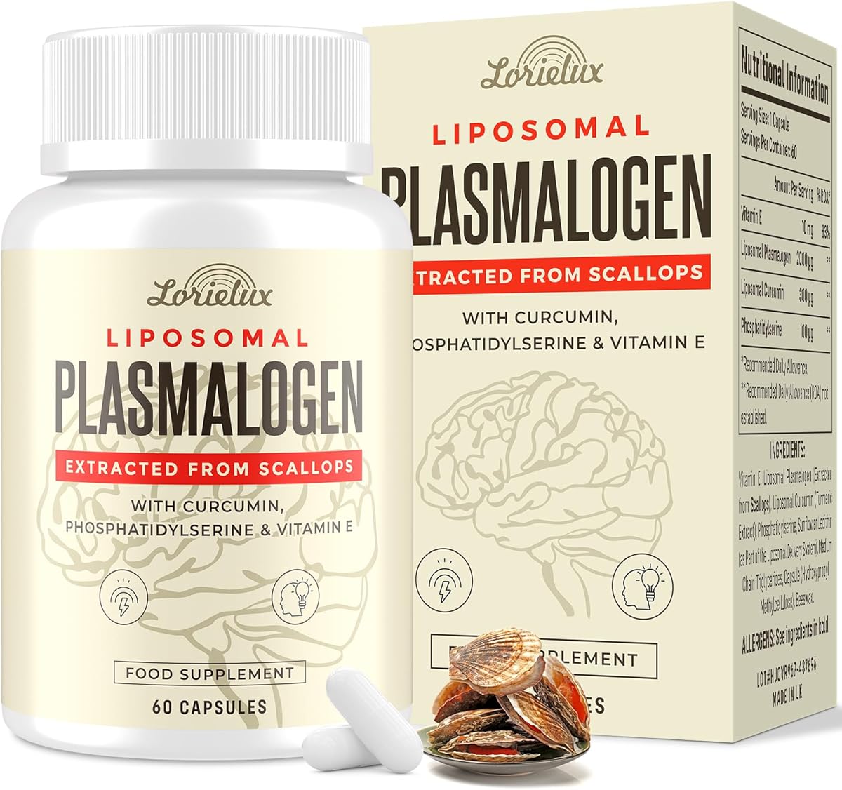 Liposomal Plasmalogen Nootropic – Gehirn Supplement mit Vitamin E, Curcumin & Phosphatidylserin,Unterstützung für Focus, Konzentration & Kognitive Funktionen 60 Tage Vorrat